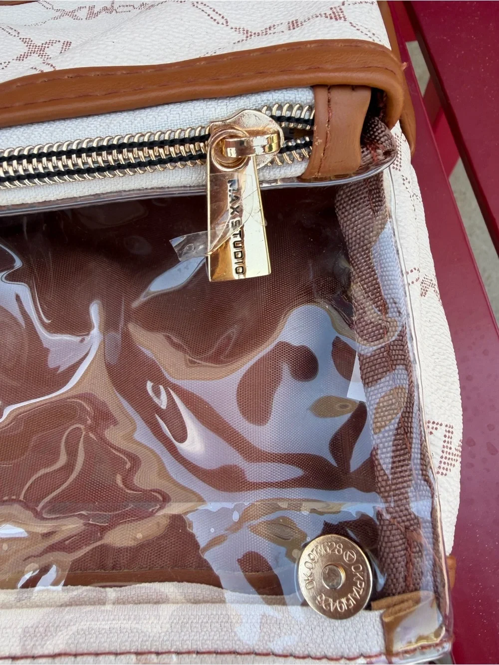 Max Studio White and Brown Logo Print Cosmetic Pouch